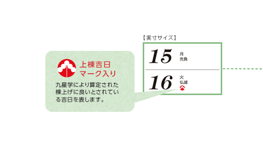 上棟吉日マーク入り 九星学により算定された棟上げに良いとされている吉日を表します。