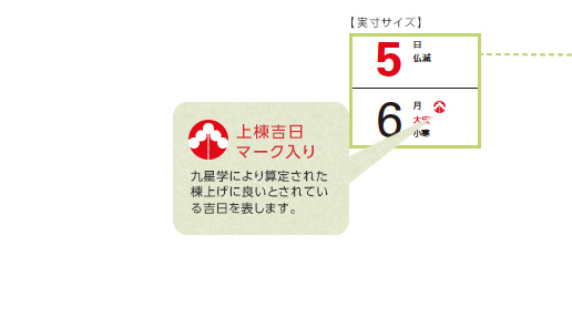 上棟吉日マーク入り 九星学により算定された棟上げに良いとされている吉日を表します。