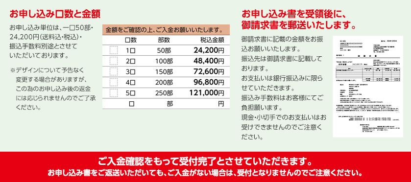 お申し込み書のご送付と同時にカレンダー代金をお振込みください。ご入金をもって受付とさせていただきます。※お申し込みをいただいても、ご入金がない場合は受付となりませんのでご注意ください。●お申し込み書を受領後、ご請求書を郵送いたします。
