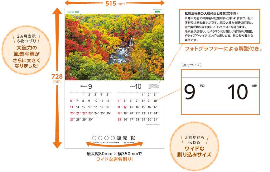 横幅515mm縦幅728mm 最大縦80mm×横350mmでワイドな店名刷り！　2ヵ月表示6枚つづり大迫力の風景写真がさらに大きくなりました！　大判だから伝わるワイドな刷り込みサイズ