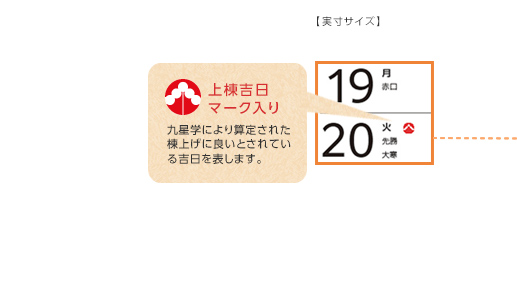 上棟吉日マーク入り 九星学により算定された棟上げに良いとされている吉日を表します。
