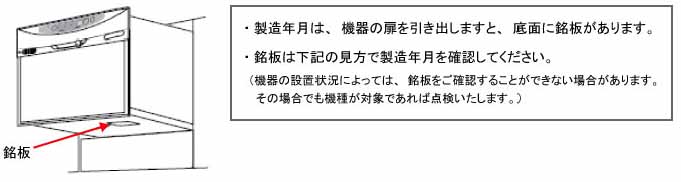 製造年月は、機器の扉を引き出しますと、底面に銘板があります。銘板は下記の見方で製造年月を確認してください。(機器の設置状況によっては、銘板をご確認することができない場合があります。その場合でも製品が対象であれば点検いたします。）