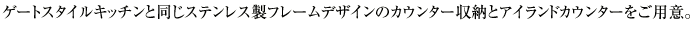 ゲートスタイルキッチンと同じステンレス製フレームデザインのカウンター収納とアイランドカウンターをご用意。